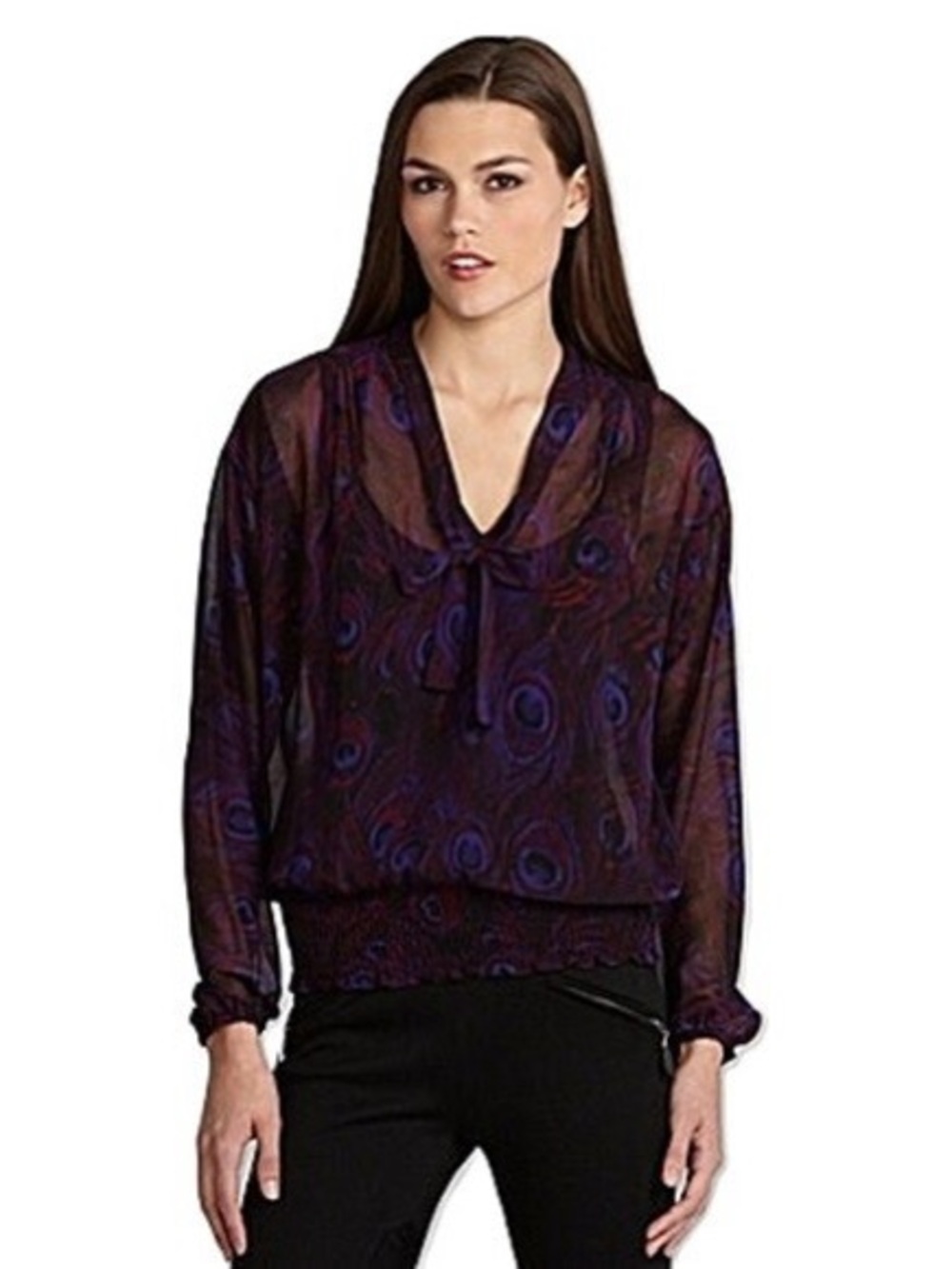 MICHAEL KORS Chiffon Peacock Print Tie-Neck Smocked Waist Band Blouse